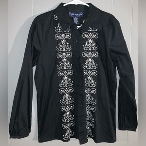 Susan Graver black button-up blouse floral scroll embroidery rhinestone accents